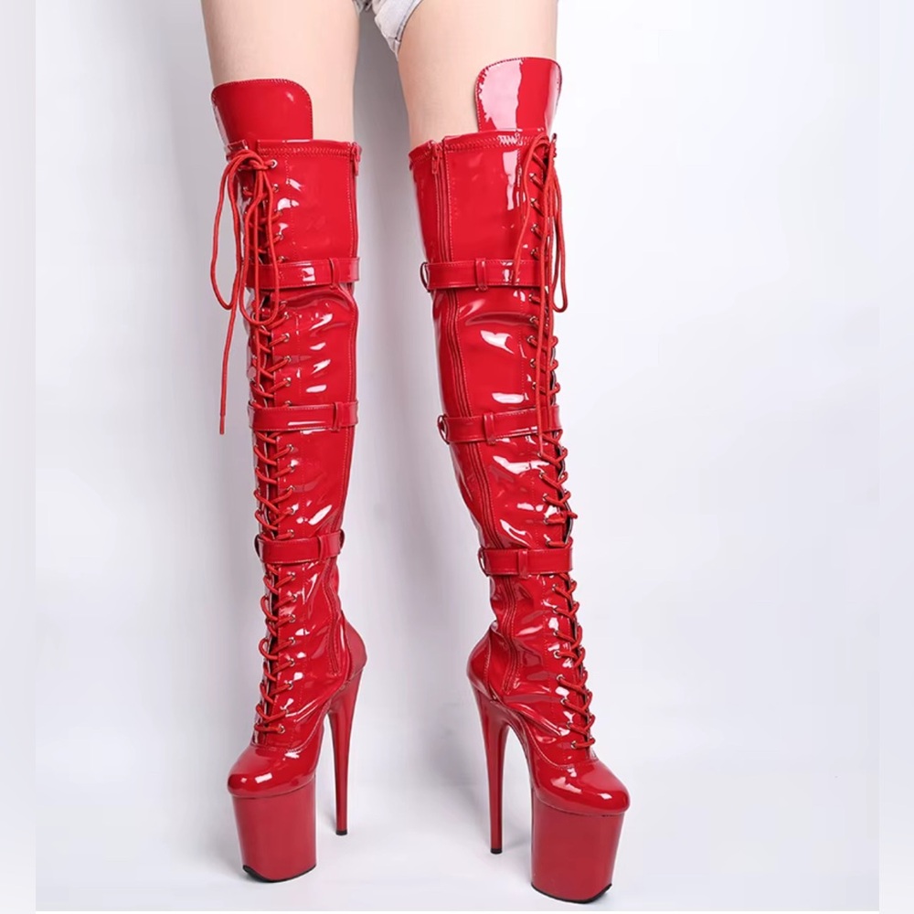 9" HEEL, 5 1/4" PF BUCKLED LACE UP THIGH BOOT, SIDE ZIP